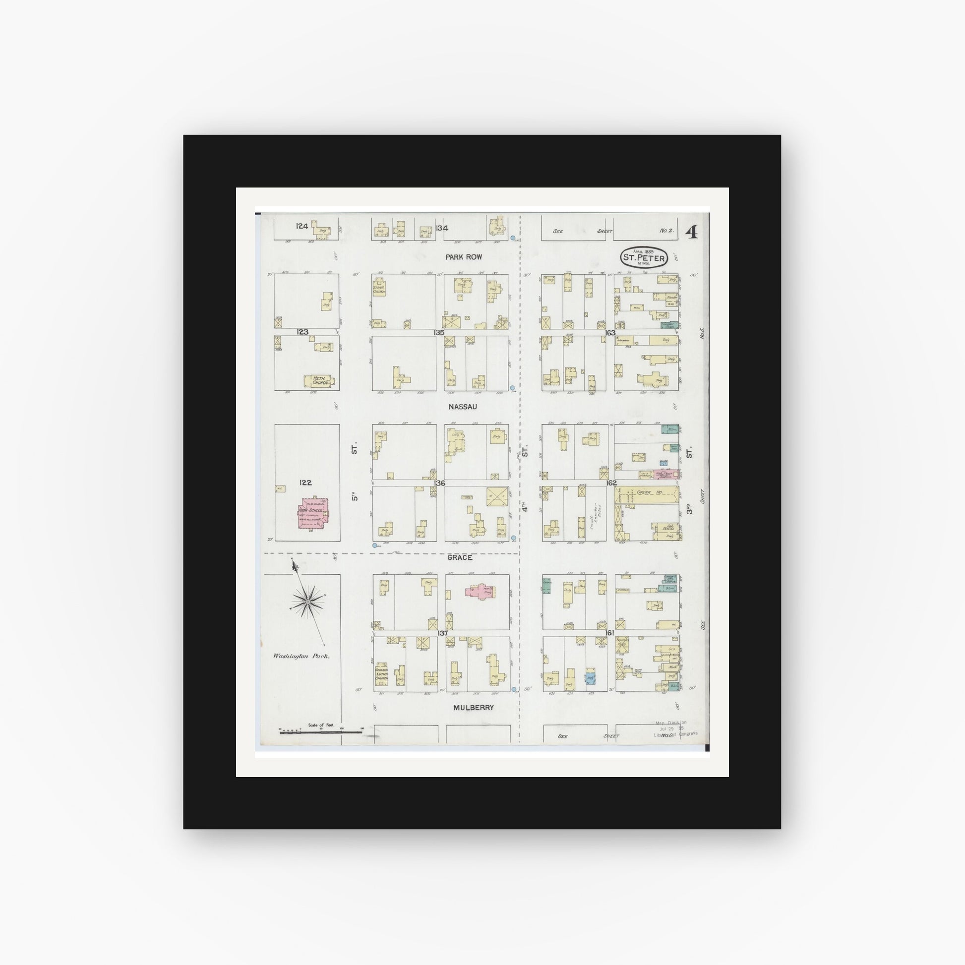 Old map wall art mockup — black gallery frame with white mat — Sanborn Fire Insurance Map from Saint Peter, Nicollet County, Minnesota (1889), Sheet #0004