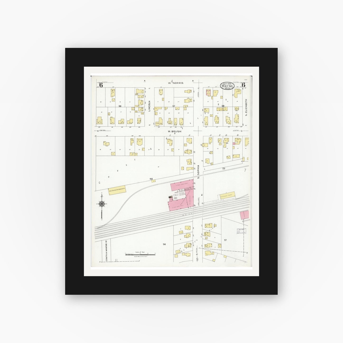 Old map wall art mockup — black gallery frame with white mat — Sanborn Fire Insurance Map from Wayne, Wayne County, Michigan (1926), Sheet #0006