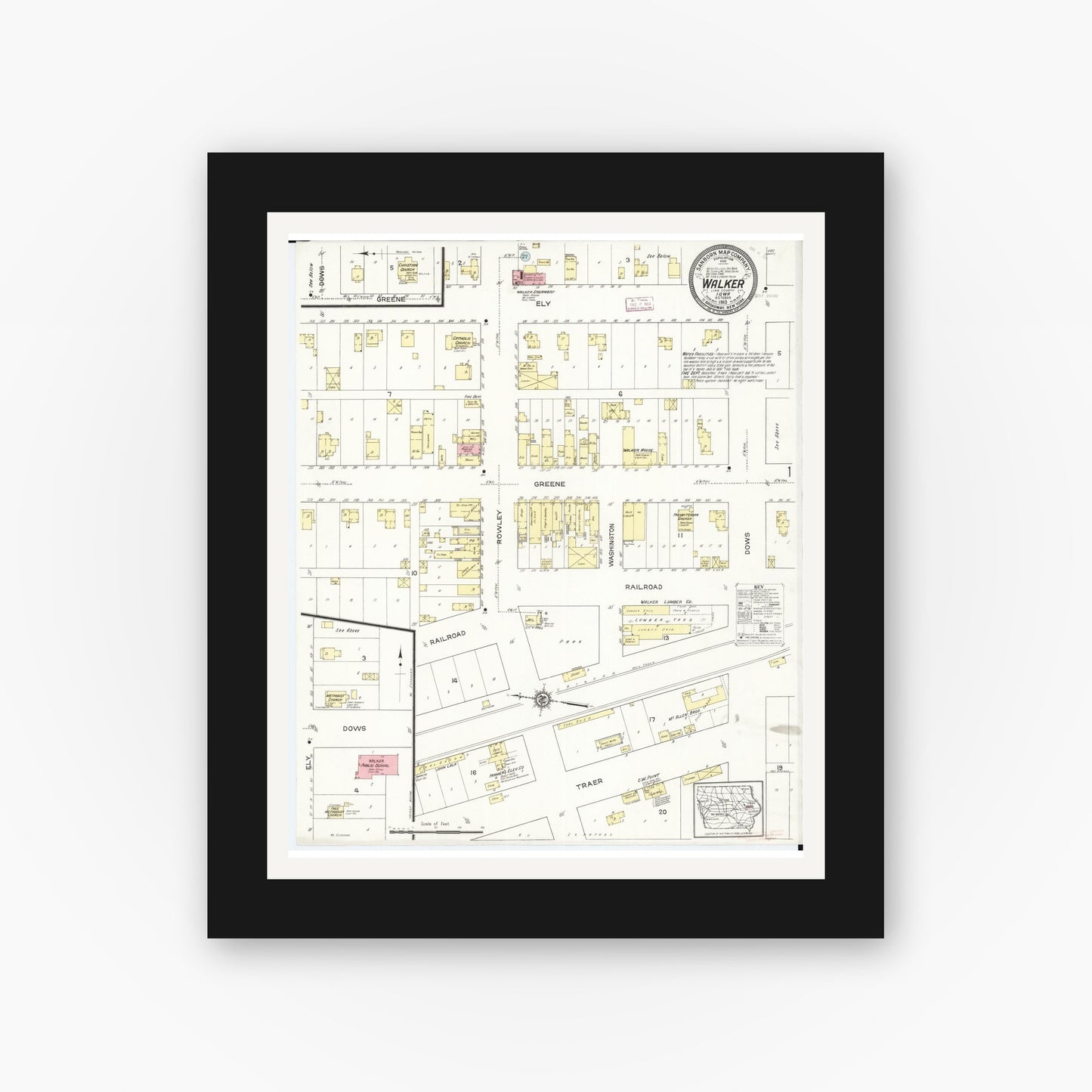 Old map wall art mockup — black gallery frame with white mat — Sanborn Fire Insurance Map from Walker, Linn County, Iowa (1913), Sheet #0001