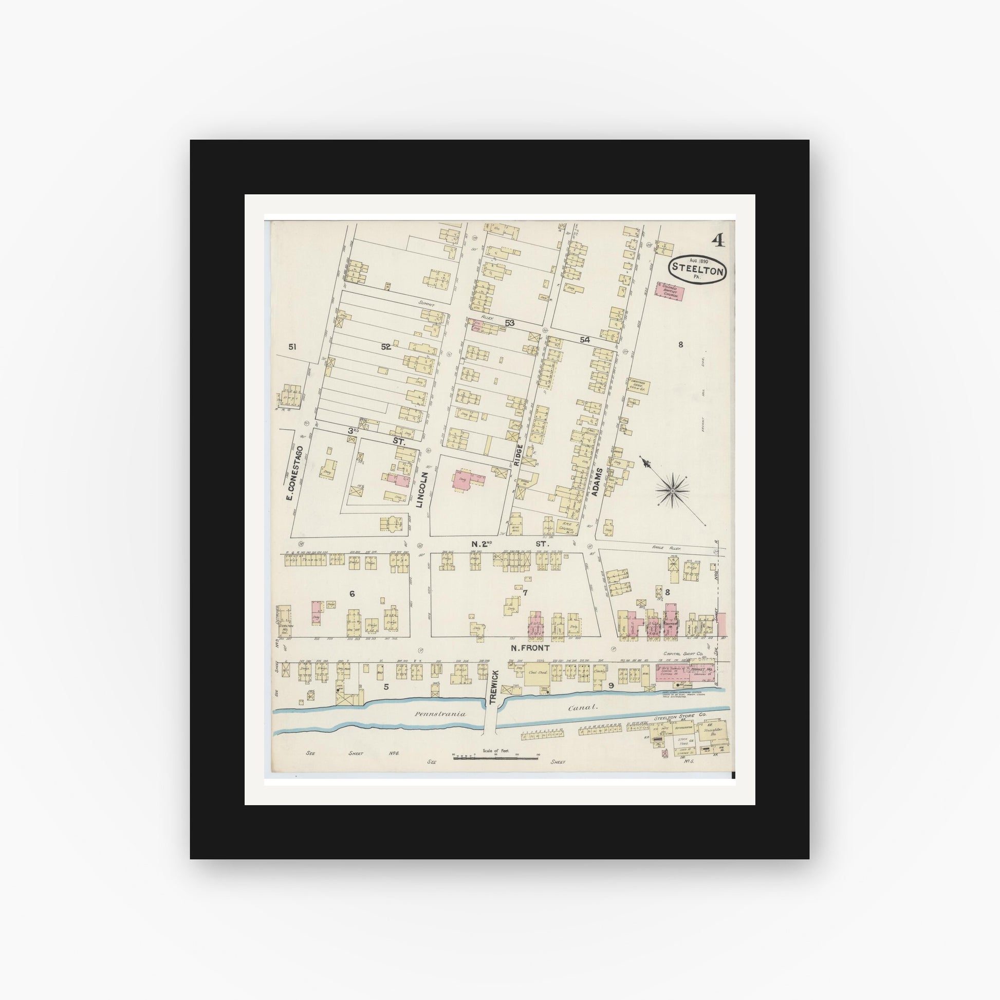 Old map wall art mockup — black gallery frame with white mat — Sanborn Fire Insurance Map from Steelton, Dauphin County, Pennsylvania (1890), Sheet #0004