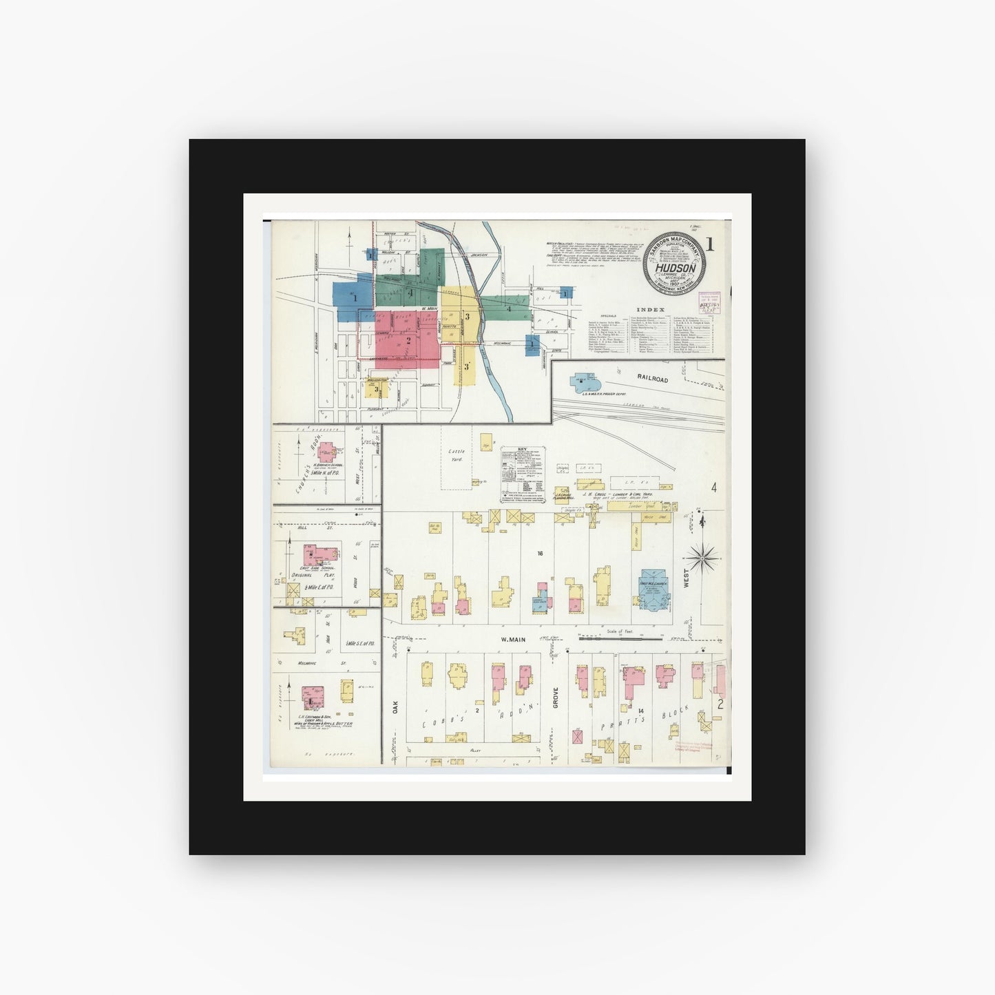 Old map wall art mockup — black gallery frame with white mat — Sanborn Fire Insurance Map from Hudson, Lenawee County, Michigan (1907) - Complete Map Set