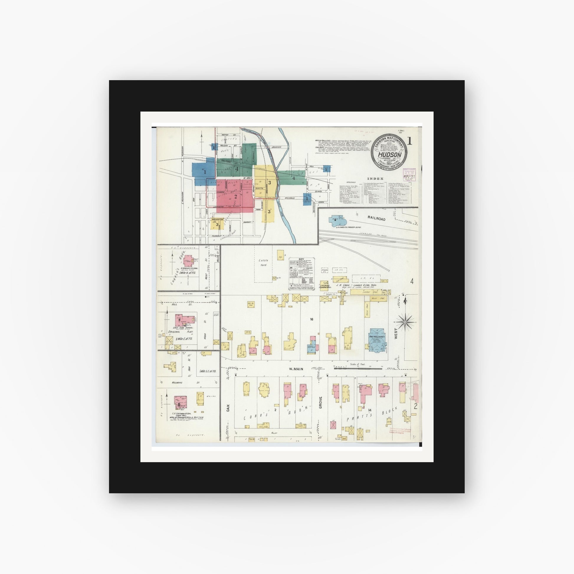 Old map wall art mockup — black gallery frame with white mat — Sanborn Fire Insurance Map from Hudson, Lenawee County, Michigan (1907) - Complete Map Set