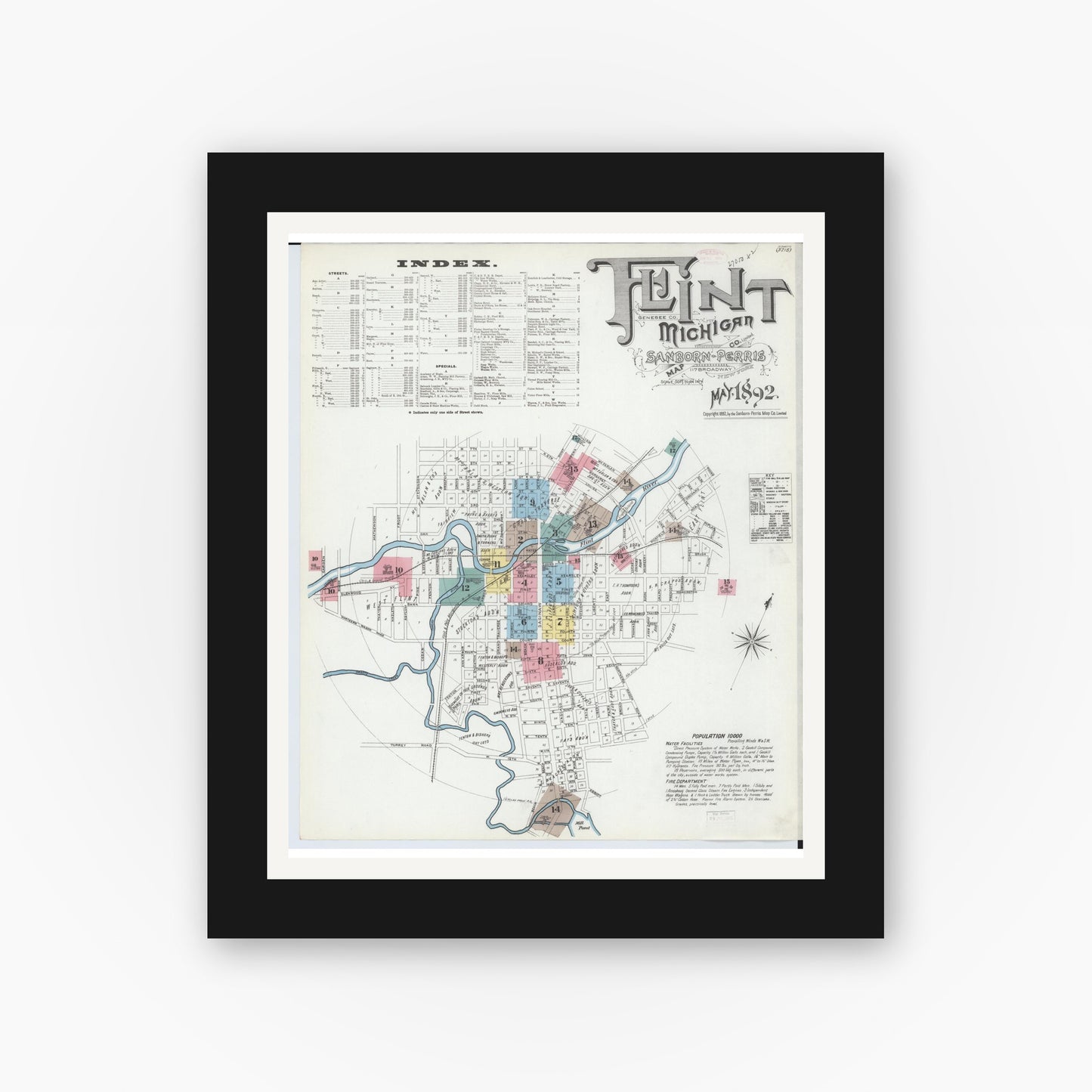 Old map wall art mockup — black gallery frame with white mat — Sanborn Fire Insurance Map from Flint, Genesee County, Michigan (1892) - Complete Map Set