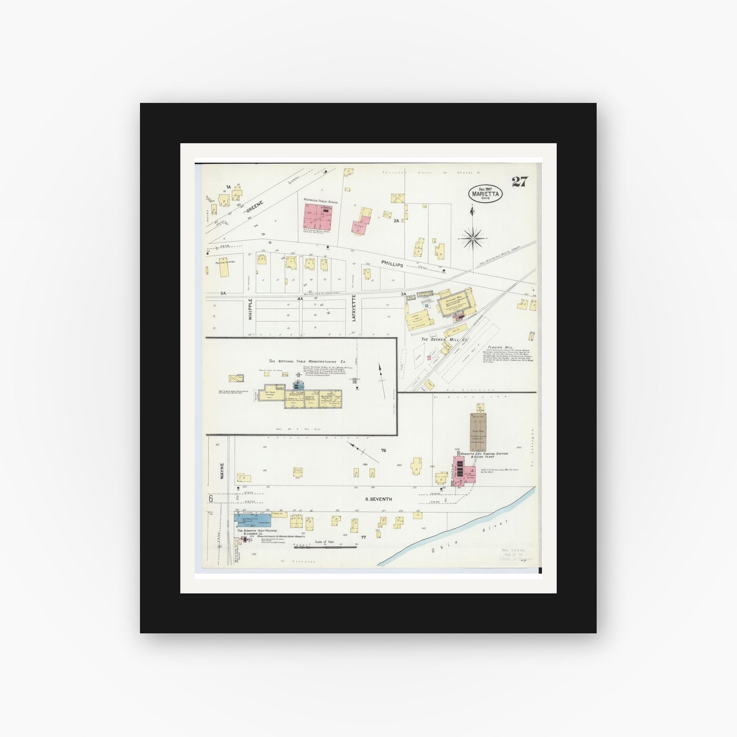 Old map wall art mockup — black gallery frame with white mat — Sanborn Fire Insurance Map from Marietta, Washington County, Ohio (1907), Sheet #0027
