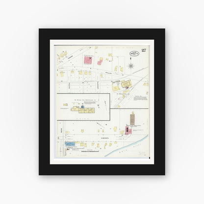 Old map wall art mockup — black gallery frame with white mat — Sanborn Fire Insurance Map from Marietta, Washington County, Ohio (1907), Sheet #0027