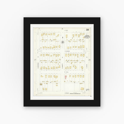 Old map wall art mockup — black gallery frame with white mat — Sanborn Fire Insurance Map from Denison, Grayson County, Texas (1908), Sheet #0028