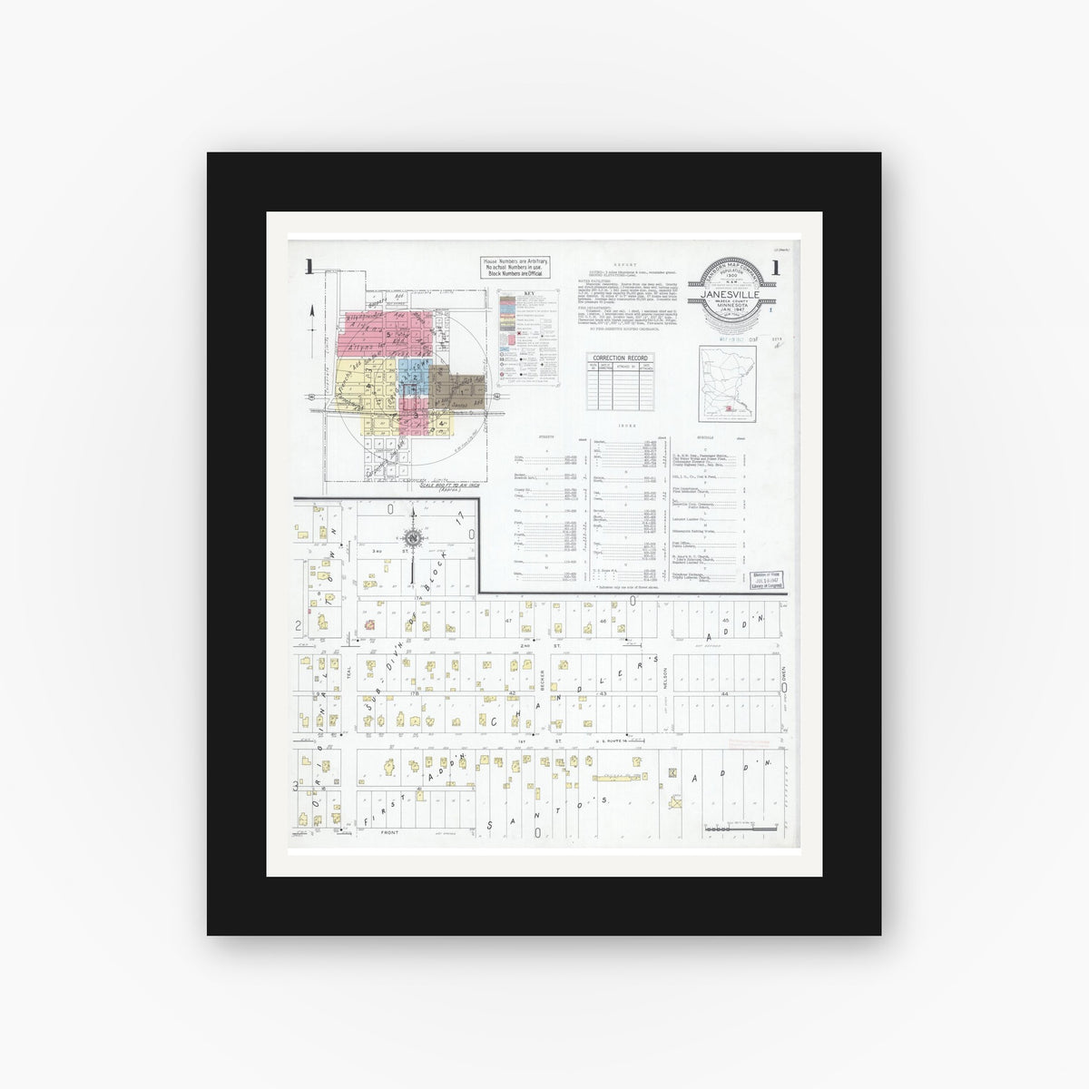 Old map wall art mockup — black gallery frame with white mat — Sanborn Fire Insurance Map from Janesville, Waseca County, Minnesota (1947) - Complete Map Set