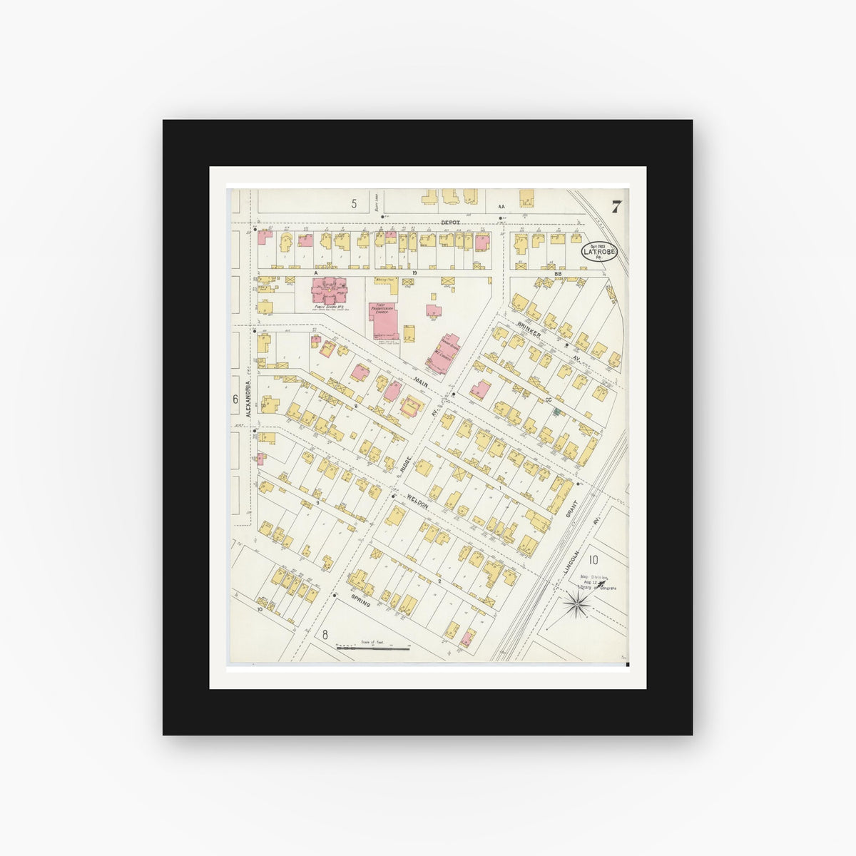 Old map wall art mockup — black gallery frame with white mat — Sanborn Fire Insurance Map from Latrobe, Westmoreland County, Pennsylvania (1903), Sheet #0007