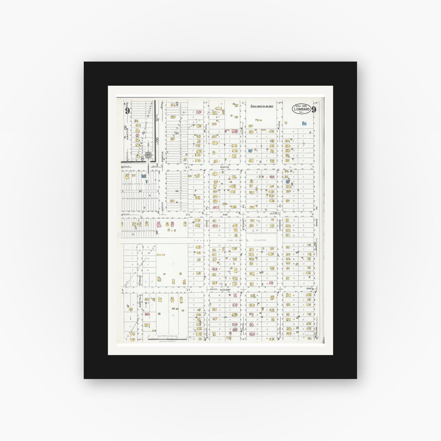 Old map wall art mockup — black gallery frame with white mat — Sanborn Fire Insurance Map from Lombard, Du Page County, Illinois (1925), Sheet #0009