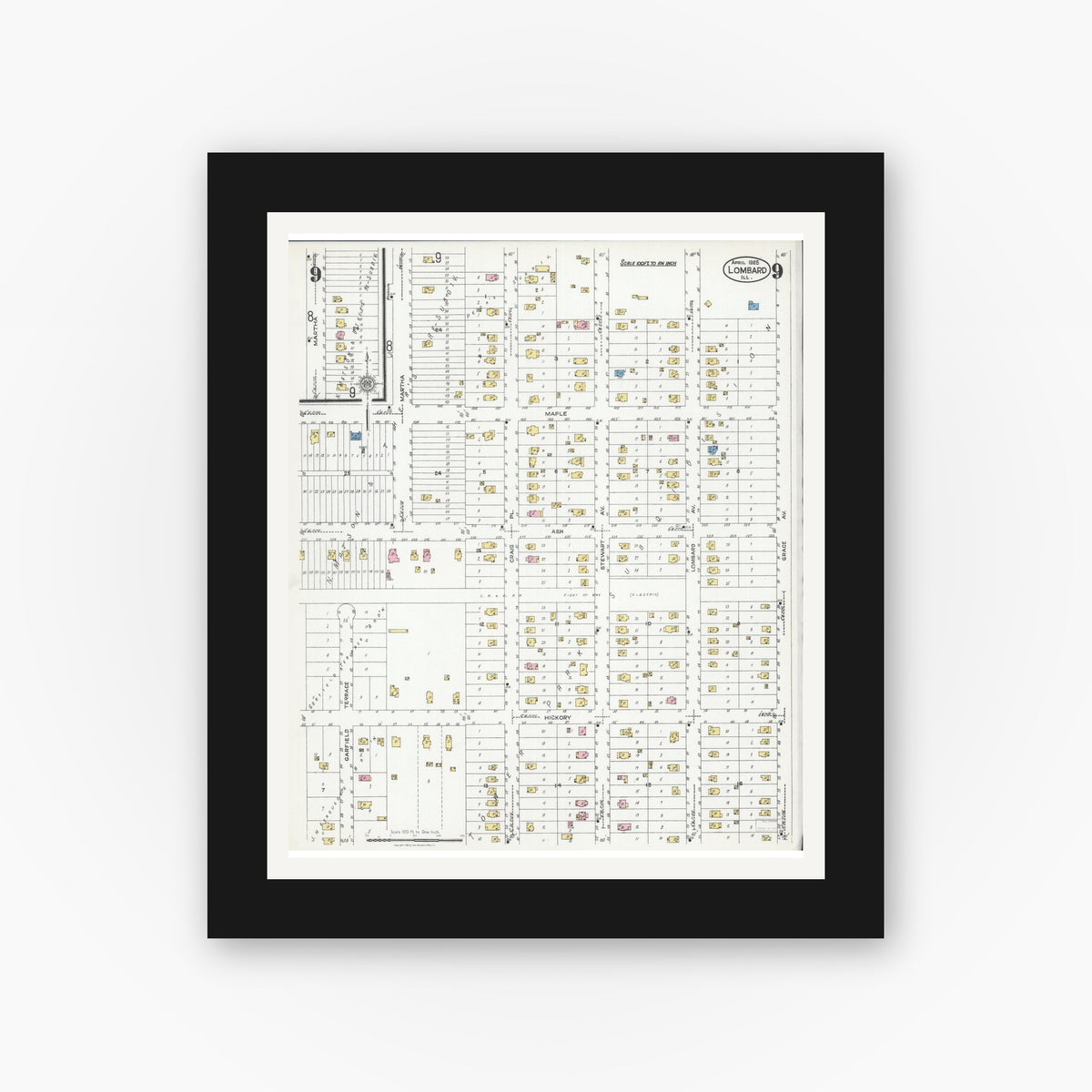 Old map wall art mockup — black gallery frame with white mat — Sanborn Fire Insurance Map from Lombard, Du Page County, Illinois (1925), Sheet #0009
