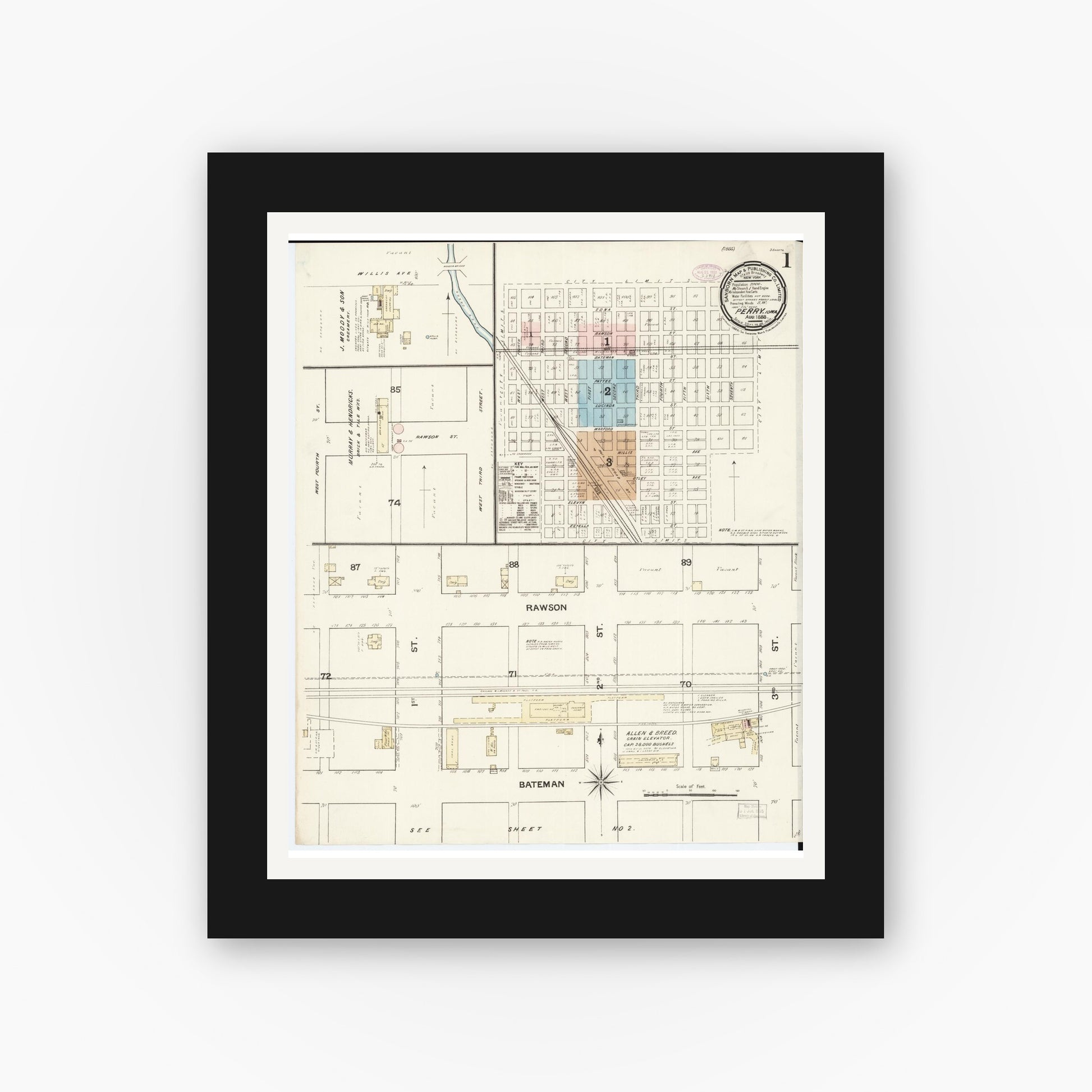 Old map wall art mockup — black gallery frame with white mat — Sanborn Fire Insurance Map from Perry, Dallas County, Iowa (1888) â€” Complete Set