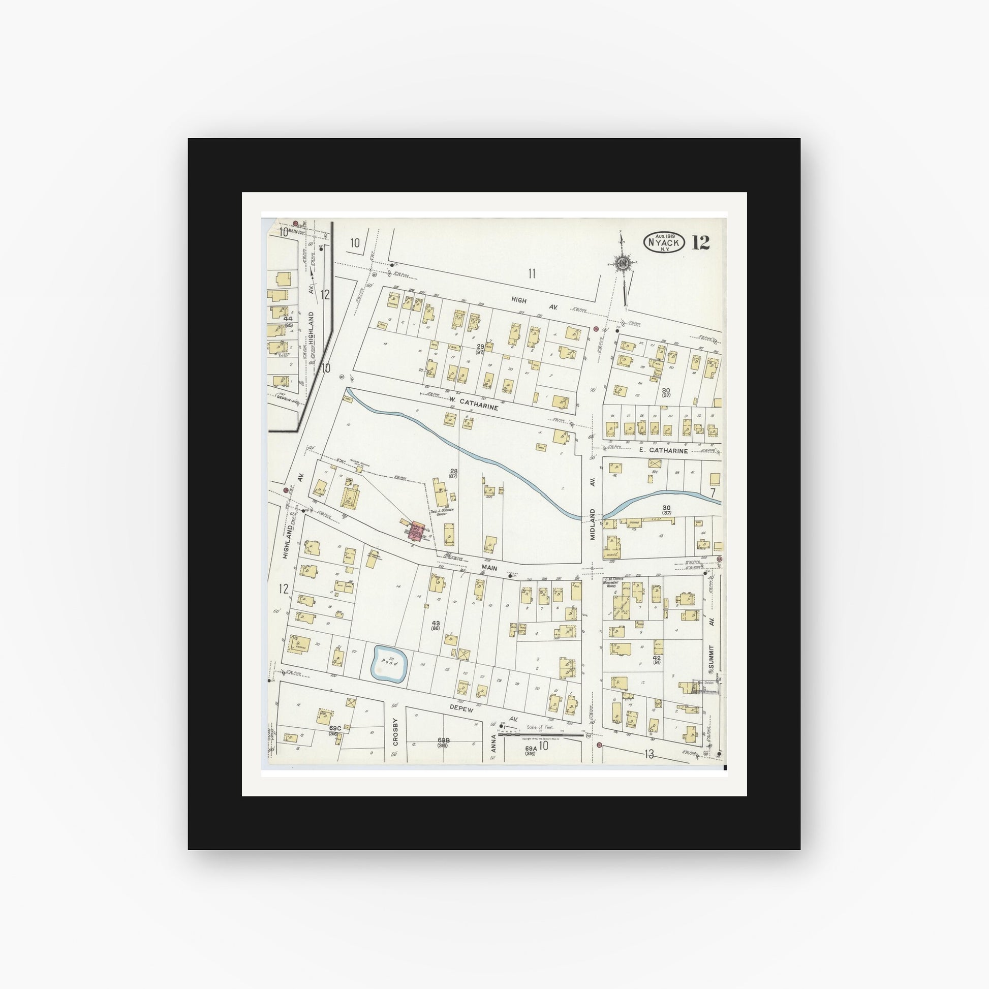 Old map wall art mockup — black gallery frame with white mat — Sanborn Fire Insurance Map from Nyack, Rockland County, New York. (1919), Sheet #0012