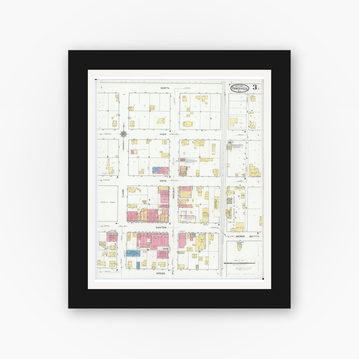 Old map wall art mockup — black gallery frame with white mat — Sanborn Fire Insurance Map from Princeville, Peoria County, Illinois (1918), Sheet #0003