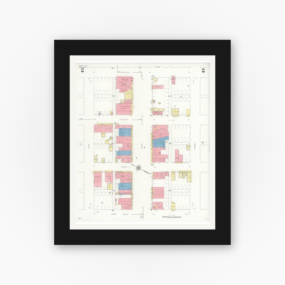 Old map wall art mockup — black gallery frame with white mat — Sanborn Fire Insurance Map from Rotan, Fisher County, Texas (1933), Sheet #0002