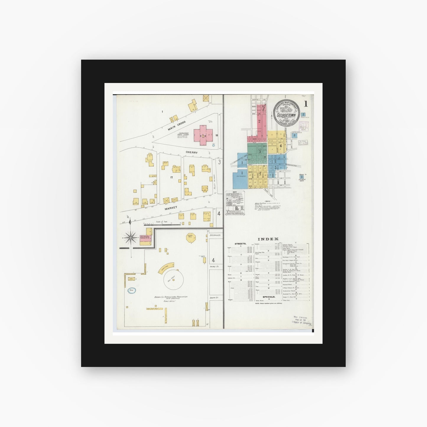Old map wall art mockup — black gallery frame with white mat — Sanborn Fire Insurance Map from Georgetown, Brown County, Ohio (1904), Sheet #0001