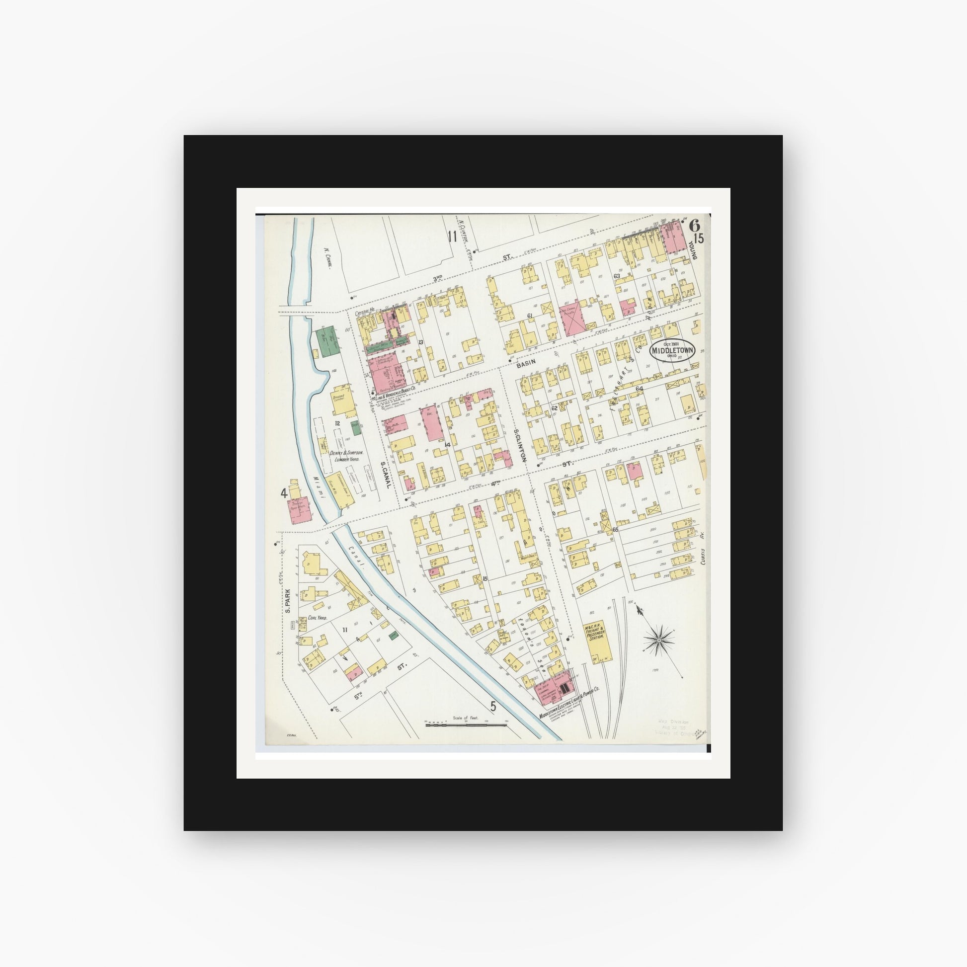 Old map wall art mockup — black gallery frame with white mat — Sanborn Fire Insurance Map from Middletown, Butler County, Ohio (1901), Sheet #0006