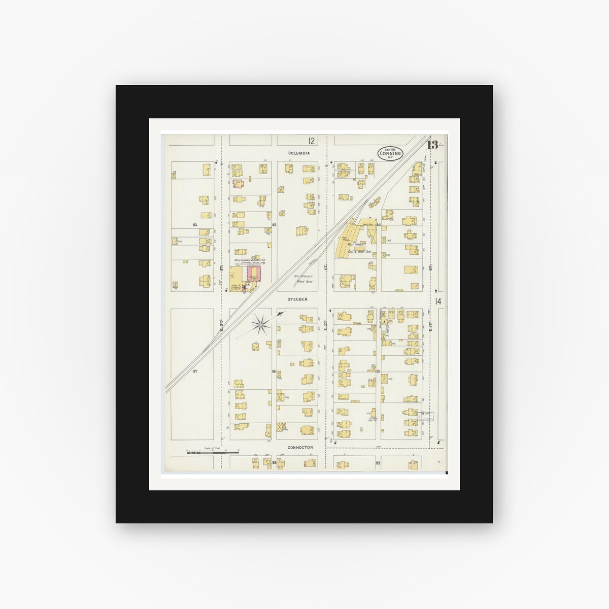 Old map wall art mockup — black gallery frame with white mat — Sanborn Fire Insurance Map from Corning, Steuben County, New York (1898), Sheet #0013