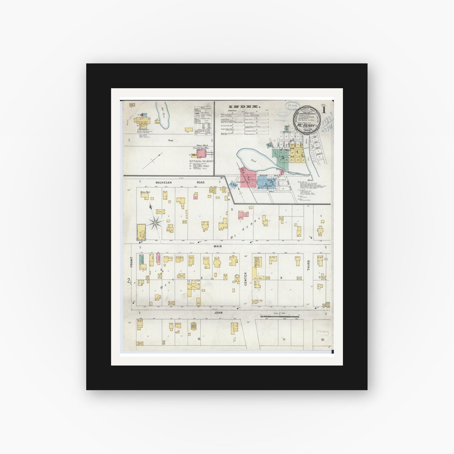 Old map wall art mockup — black gallery frame with white mat — Sanborn Fire Insurance Map from McHenry, McHenry County, Illinois (1898) - Complete Map Set