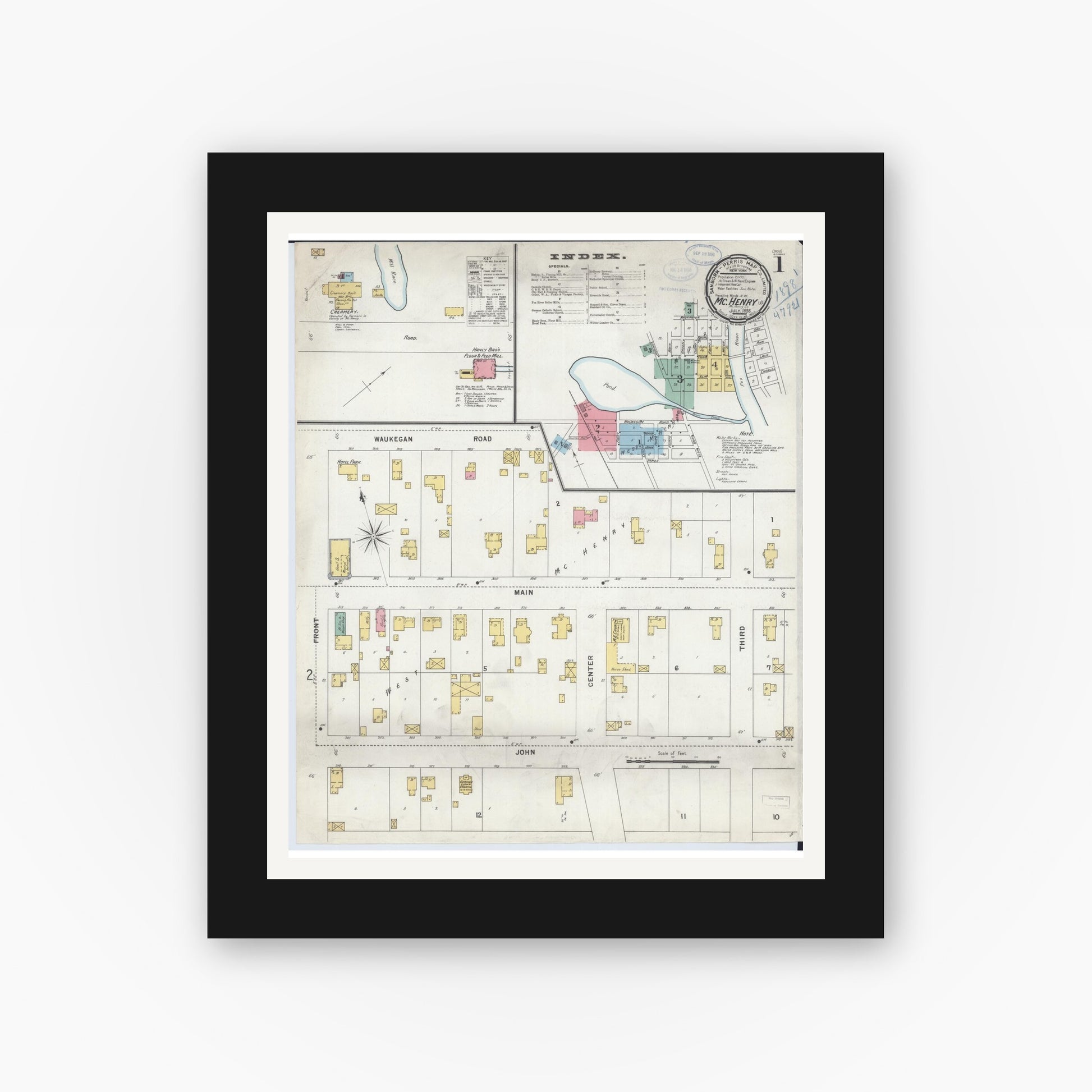 Old map wall art mockup — black gallery frame with white mat — Sanborn Fire Insurance Map from McHenry, McHenry County, Illinois (1898) - Complete Map Set