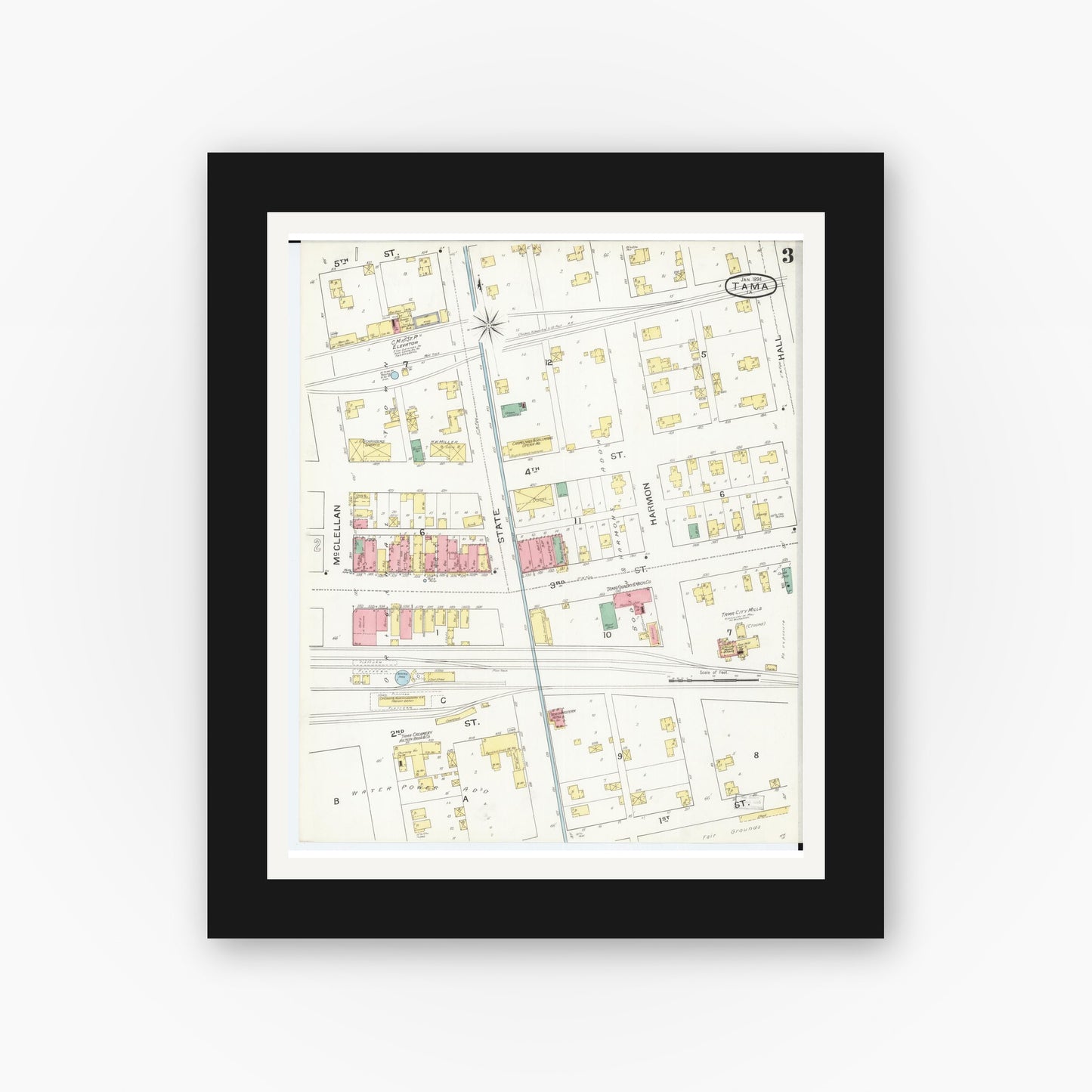 Old map wall art mockup — black gallery frame with white mat — Sanborn Fire Insurance Map from Tama, Tama County, Iowa (1894), Sheet #0003