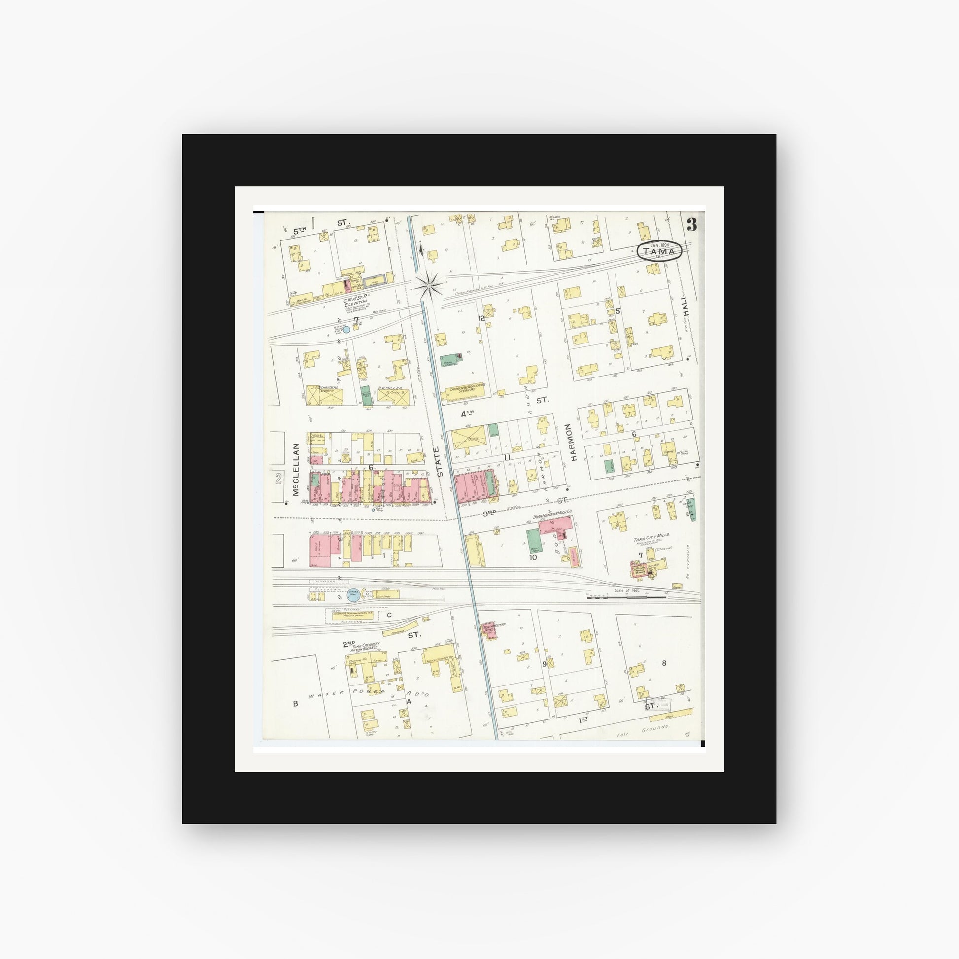 Old map wall art mockup — black gallery frame with white mat — Sanborn Fire Insurance Map from Tama, Tama County, Iowa (1894), Sheet #0003