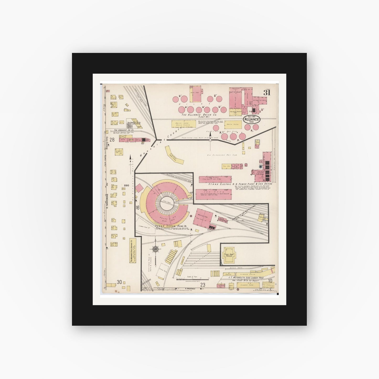 Old map wall art mockup — black gallery frame with white mat — Sanborn Fire Insurance Map from Alliance, Stark County, Ohio (1921), Sheet #0031