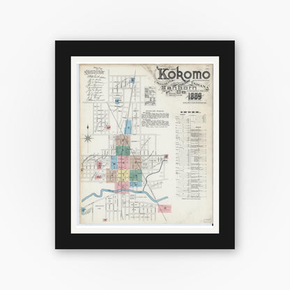 Old map wall art mockup — black gallery frame with white mat — Sanborn Fire Insurance Map from Kokomo, Howard County, Indiana (1889) - Complete Map Set