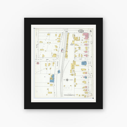 Old map wall art mockup — black gallery frame with white mat — Sanborn Fire Insurance Map from Hudson, Lenawee County, Michigan (1919), Sheet #0002