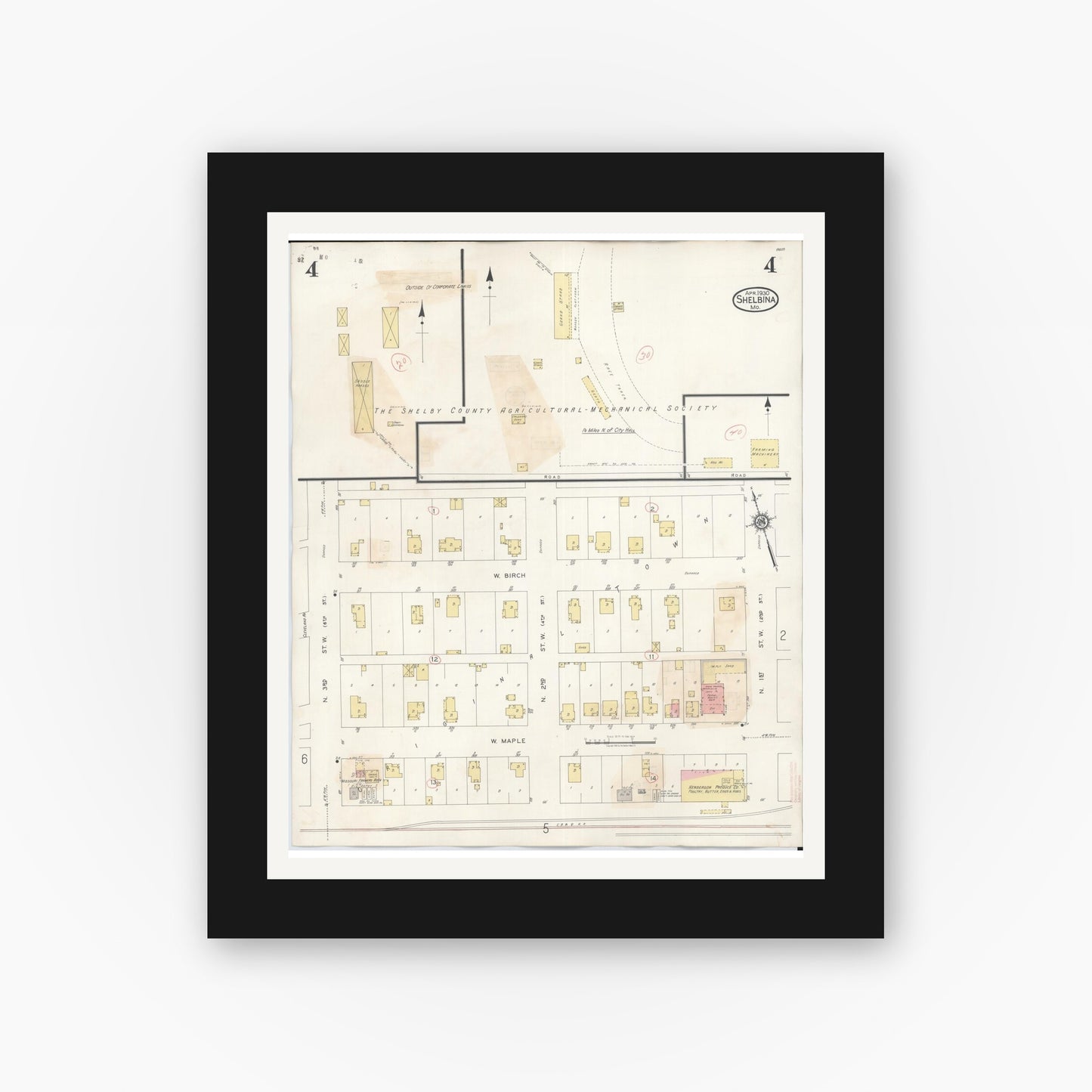 Old map wall art mockup — black gallery frame with white mat — Sanborn Fire Insurance Map from Shelbina, Shelby County, Missouri (1943), Sheet #0004
