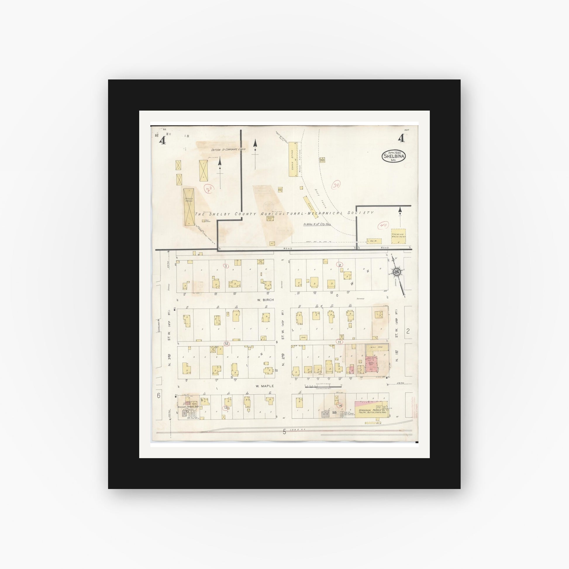 Old map wall art mockup — black gallery frame with white mat — Sanborn Fire Insurance Map from Shelbina, Shelby County, Missouri (1943), Sheet #0004