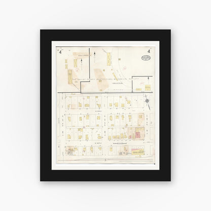 Old map wall art mockup — black gallery frame with white mat — Sanborn Fire Insurance Map from Shelbina, Shelby County, Missouri (1943), Sheet #0004