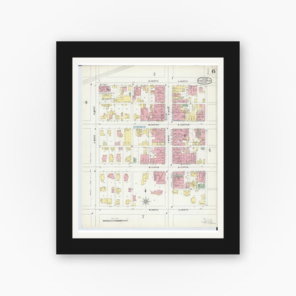 Old map wall art mockup — black gallery frame with white mat — Sanborn Fire Insurance Map from Fostoria, Seneca, Hancock, And Wood Counties, Ohio (1896), Sheet #0006