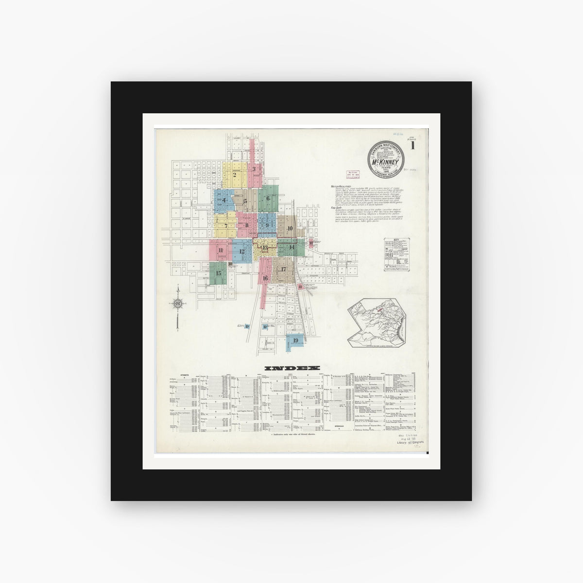 Old map wall art mockup — black gallery frame with white mat — Sanborn Fire Insurance Map from McKinney, Collin County, Texas (1914) - Complete Map Set