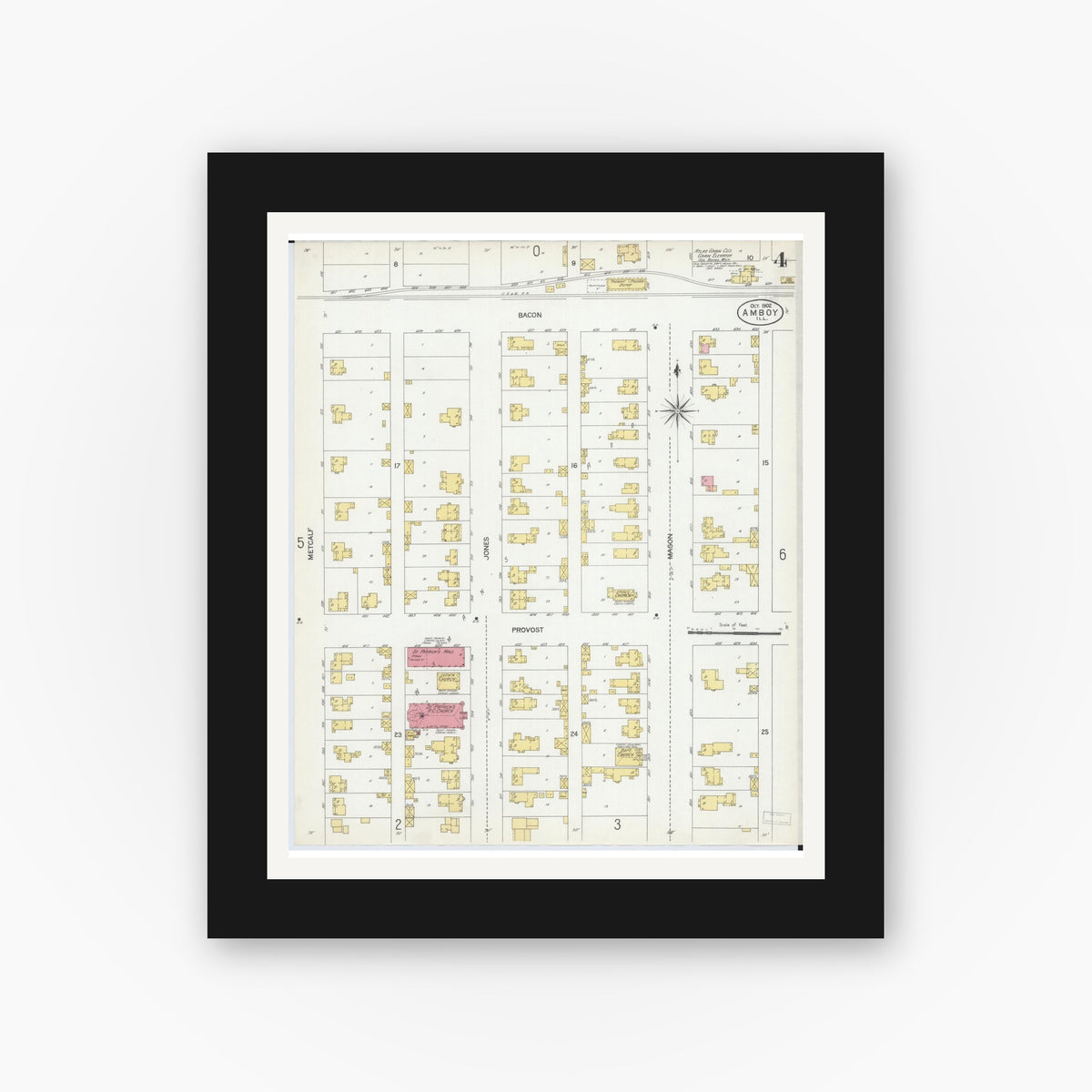 Old map wall art mockup — black gallery frame with white mat — Sanborn Fire Insurance Map from Amboy, Lee County, Illinois (1902), Sheet #0004