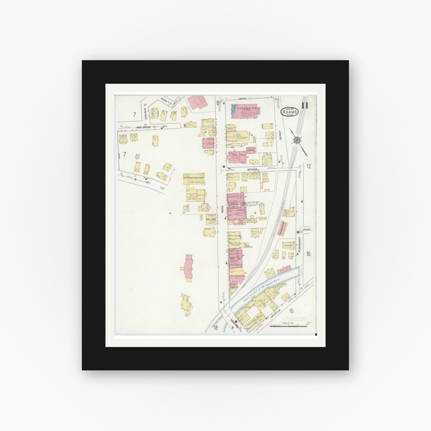 Old map wall art mockup — black gallery frame with white mat — Sanborn Fire Insurance Map from Adams, Berkshire County, Massachusetts (1914), Sheet #0011