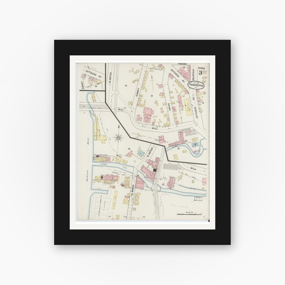Old map wall art mockup — black gallery frame with white mat — Sanborn Fire Insurance Map from Poughkeepsie, Dutchess County, New York (1887), Sheet #0003