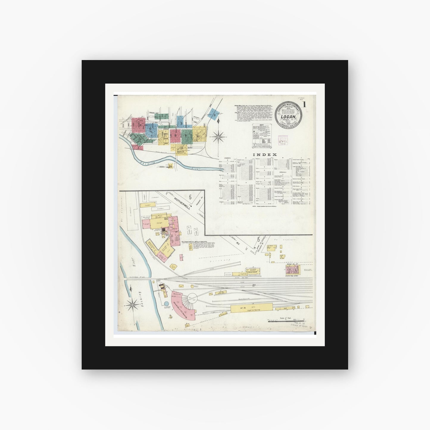Old map wall art mockup — black gallery frame with white mat — Sanborn Fire Insurance Map from Logan, Hocking County, Ohio (1907) - Complete Map Set