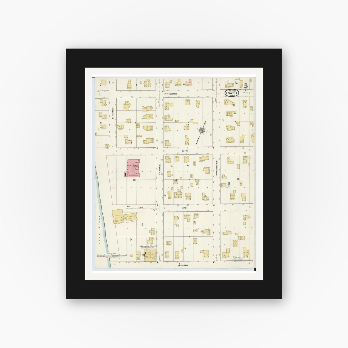 Old map wall art mockup — black gallery frame with white mat — Sanborn Fire Insurance Map from Lowell, Kent County, Michigan (1918), Sheet #0005