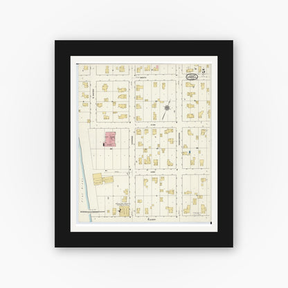 Old map wall art mockup — black gallery frame with white mat — Sanborn Fire Insurance Map from Lowell, Kent County, Michigan (1918), Sheet #0005