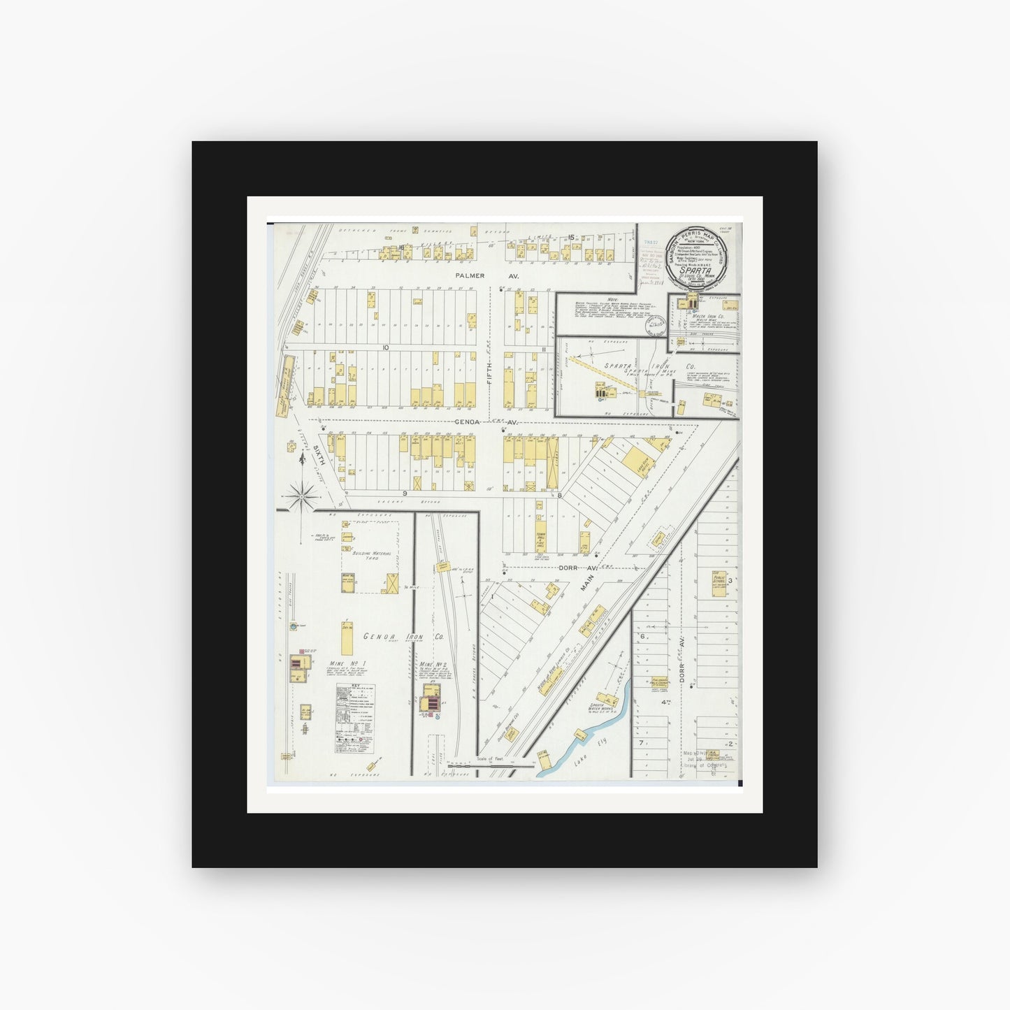 Old map wall art mockup — black gallery frame with white mat — Sanborn Fire Insurance Map from Sparta, Saint Louis County, Minnesota (1900), Sheet #0001