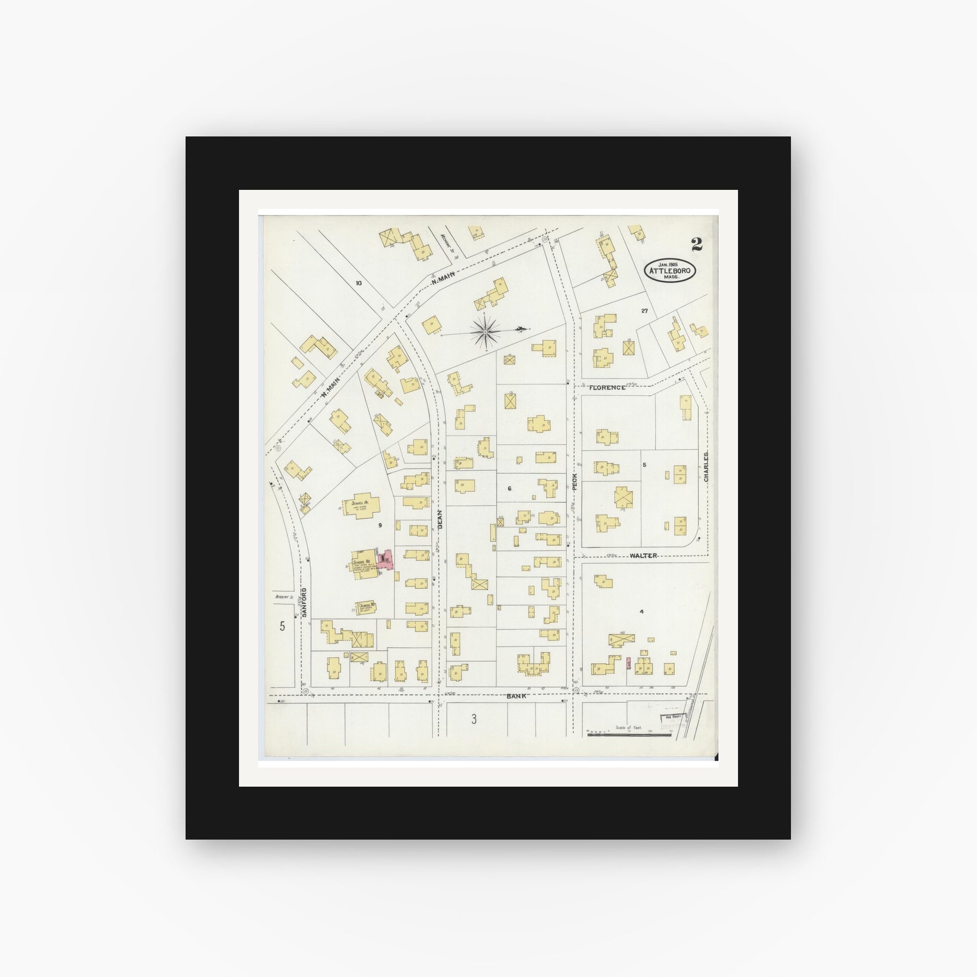 Old map wall art mockup — black gallery frame with white mat — Sanborn Fire Insurance Map from Attleboro, Bristol County, Massachusetts (1905), Sheet #0002