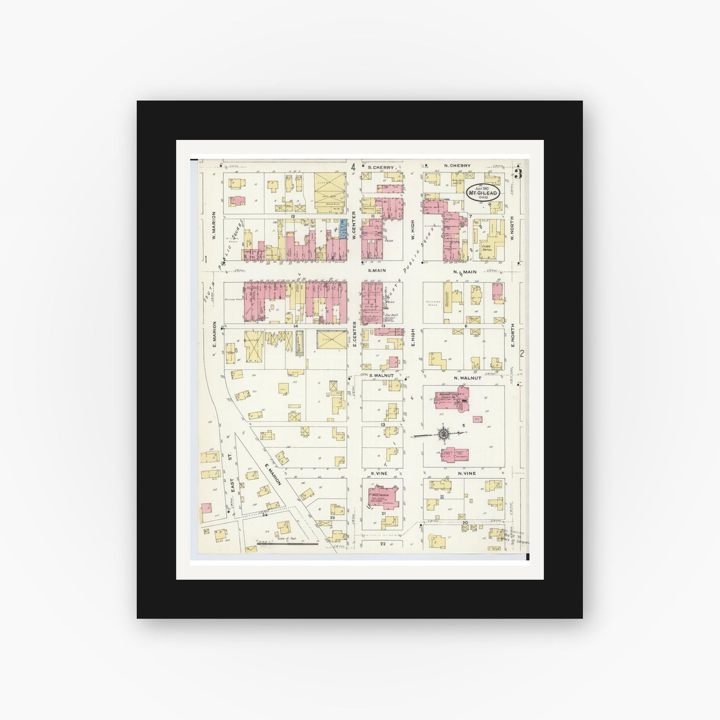 Old map wall art mockup — black gallery frame with white mat — Sanborn Fire Insurance Map from Mount Gilead, Morrow County, Ohio (1910), Sheet #0003
