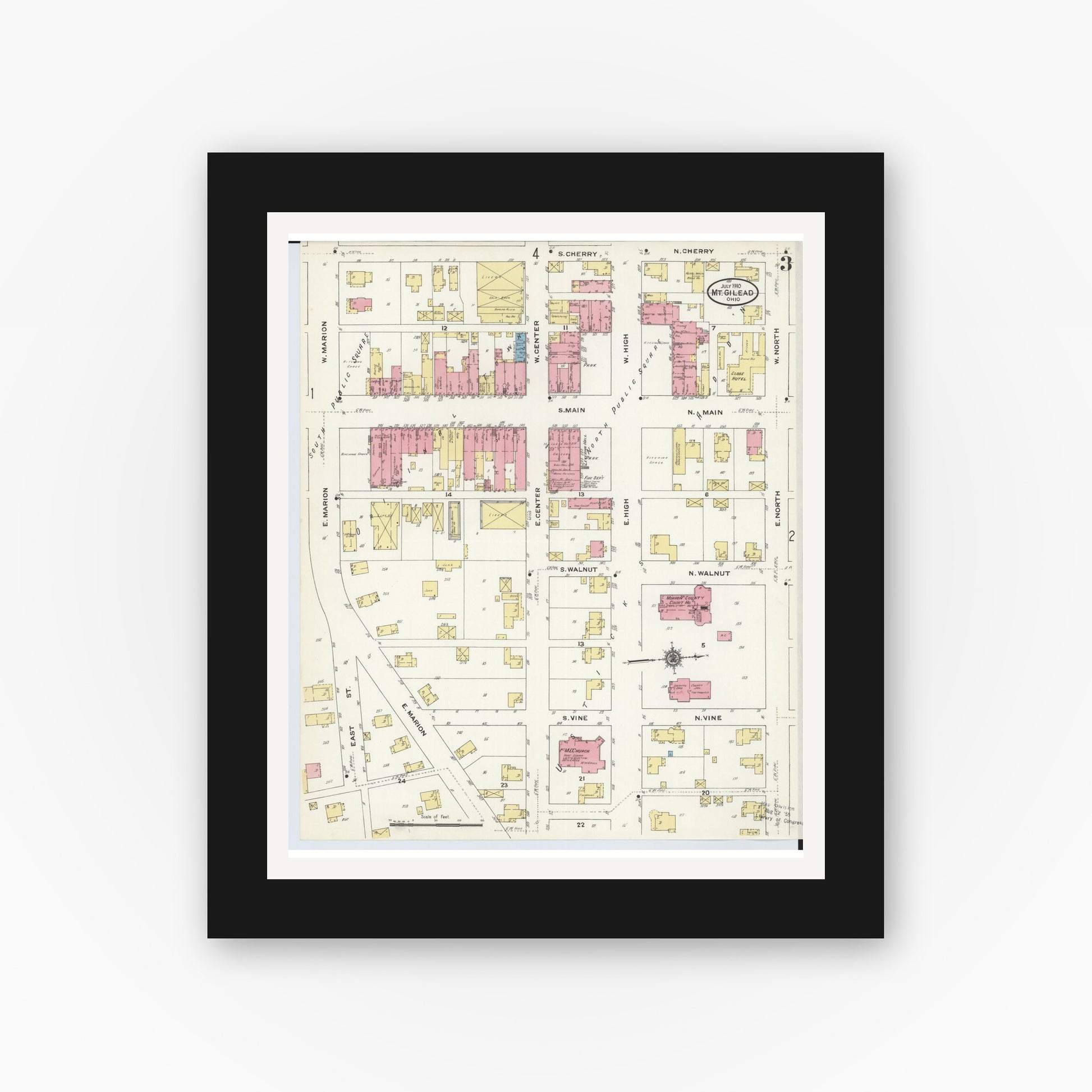 Old map wall art mockup — black gallery frame with white mat — Sanborn Fire Insurance Map from Mount Gilead, Morrow County, Ohio (1910), Sheet #0003