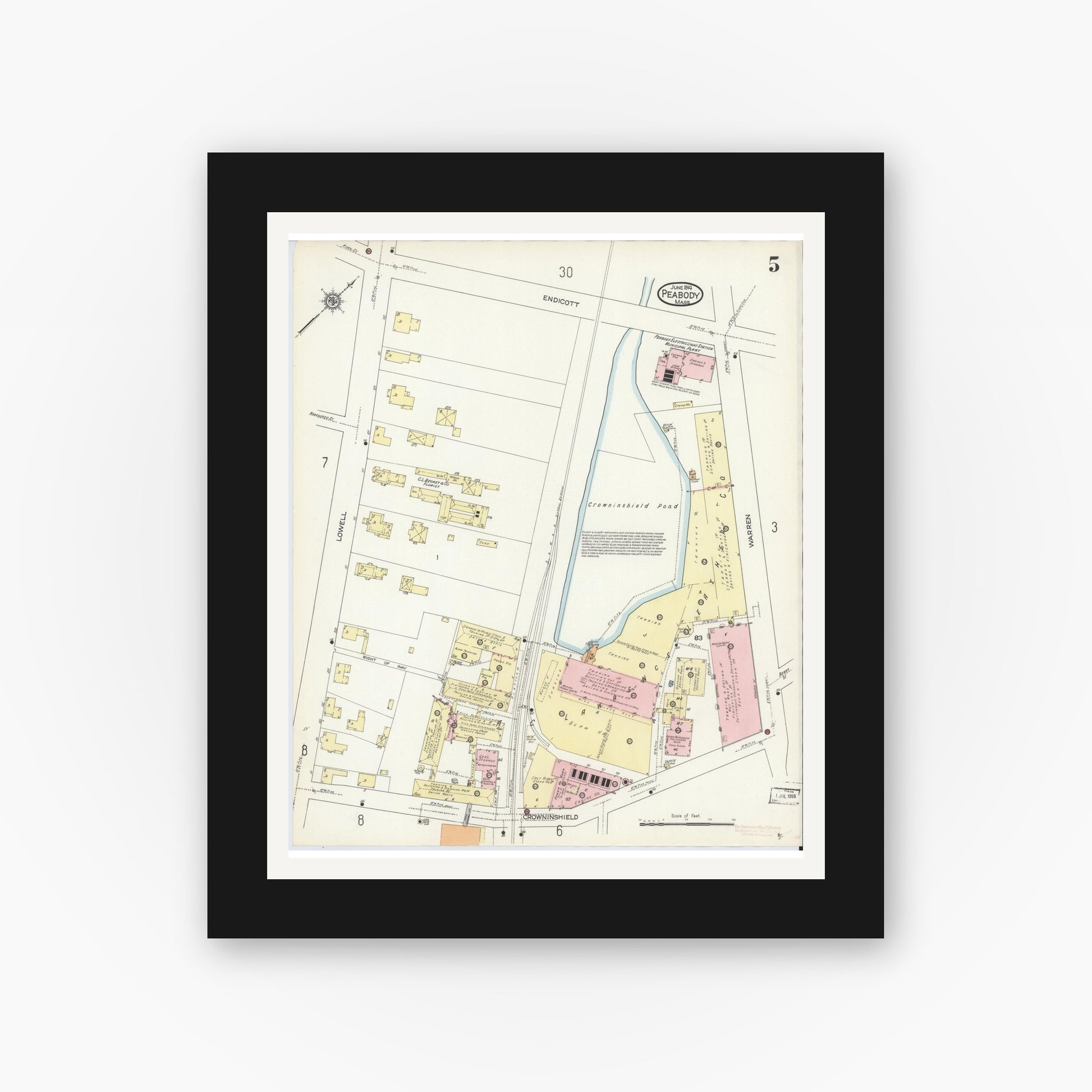 Old map wall art mockup — black gallery frame with white mat — Sanborn Fire Insurance Map from Peabody, Essex County, Massachusetts (1914), Sheet #0005