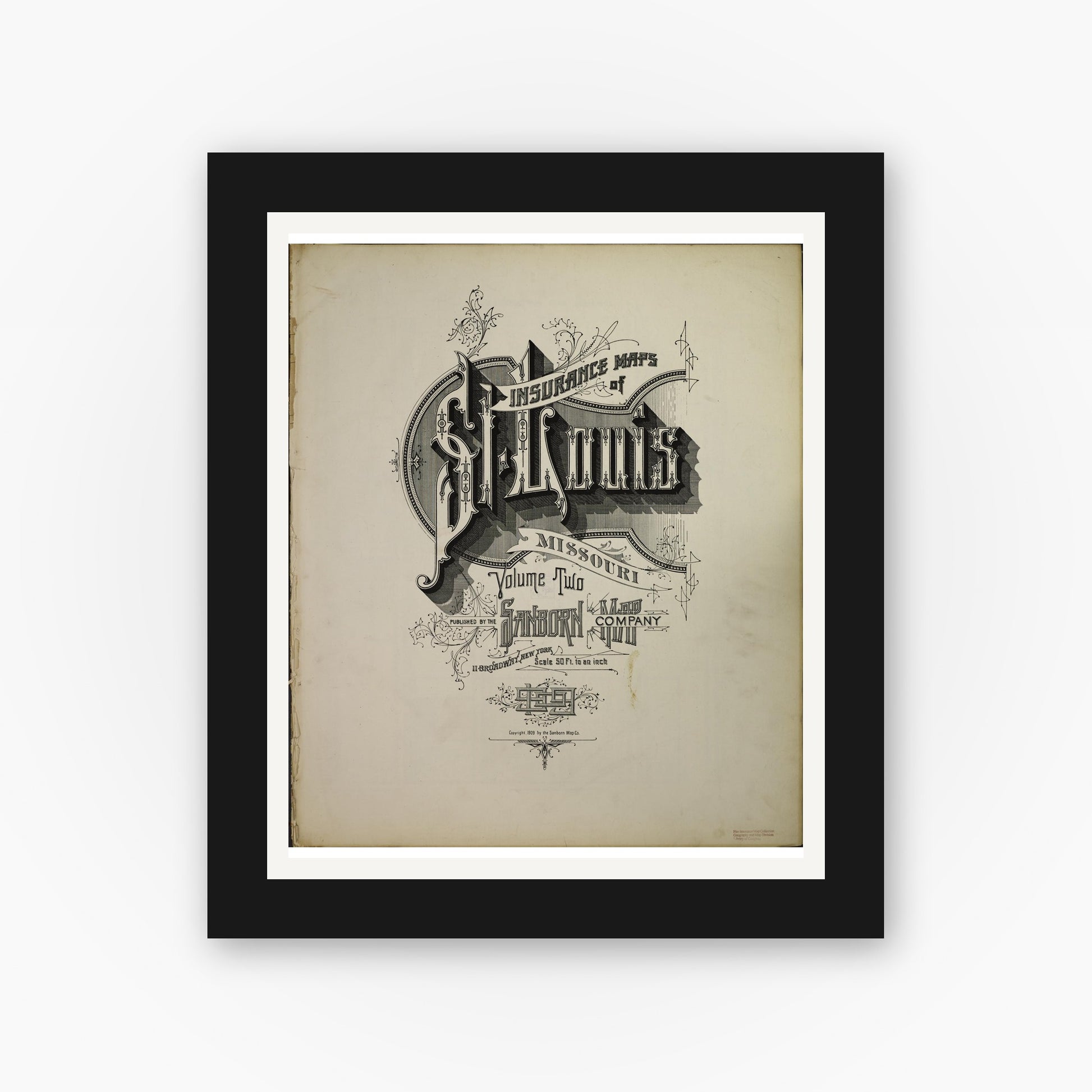 Old map wall art mockup — black gallery frame with white mat — Sanborn Fire Insurance Map from Saint Louis, Independent City, Missouri (1909), Sheet #0001