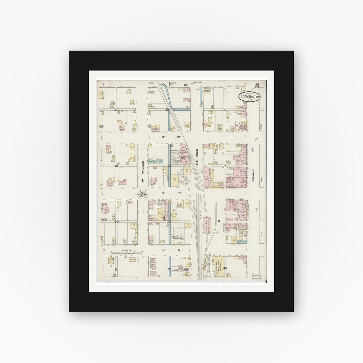 Old map wall art mockup — black gallery frame with white mat — Sanborn Fire Insurance Map from Bloomington, Monroe County, Indiana (1887), Sheet #0003