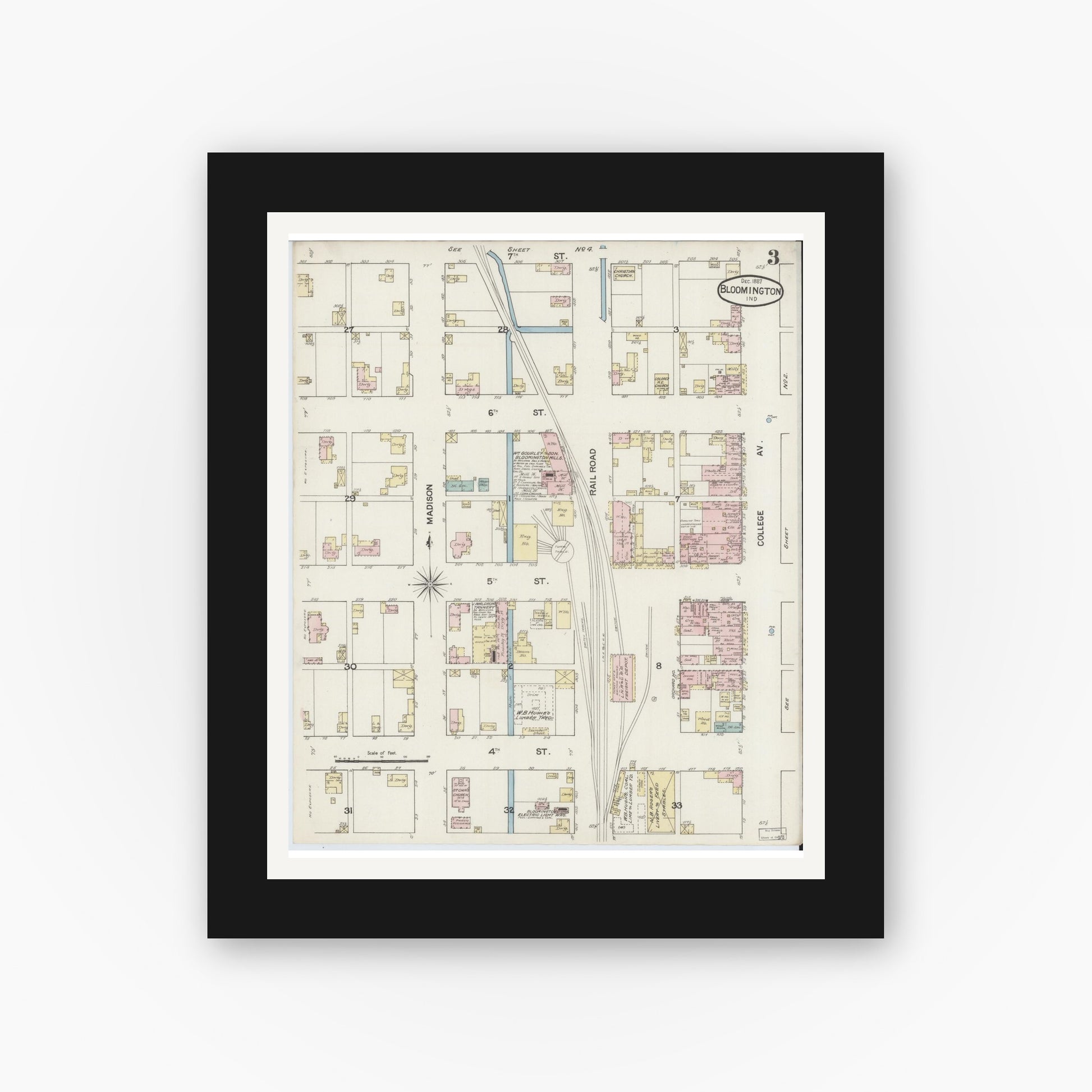 Old map wall art mockup — black gallery frame with white mat — Sanborn Fire Insurance Map from Bloomington, Monroe County, Indiana (1887), Sheet #0003