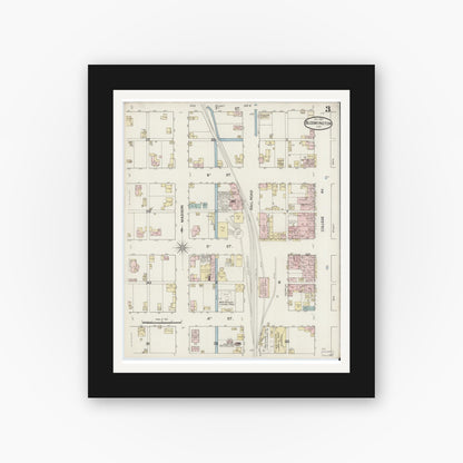 Old map wall art mockup — black gallery frame with white mat — Sanborn Fire Insurance Map from Bloomington, Monroe County, Indiana (1887), Sheet #0003