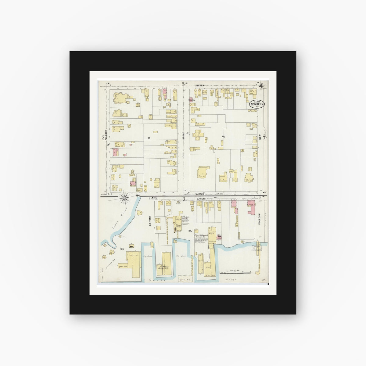 Old map wall art mockup — black gallery frame with white mat — Sanborn Fire Insurance Map from New Bern, Craven County, North Carolina (1898), Sheet #0004