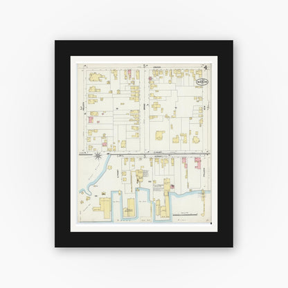 Old map wall art mockup — black gallery frame with white mat — Sanborn Fire Insurance Map from New Bern, Craven County, North Carolina (1898), Sheet #0004